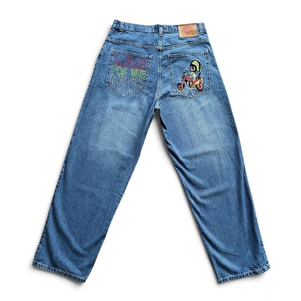 NWT Vintage Ed Hardy Y2K Baggy Embroidered Jeans Biker Skeleton 36x32 Deadstock